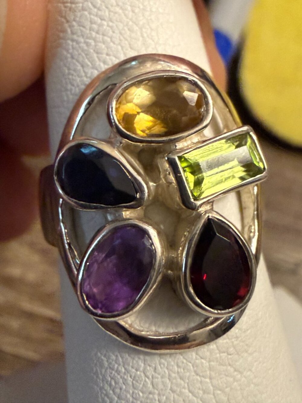 925 sterling silver multi-stone statement ring featuring various colored gems